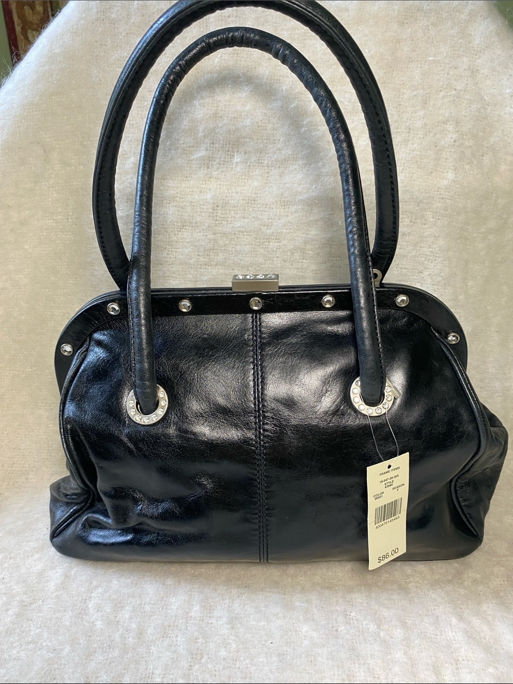 Valerie Steven’s Black Leather Satchel Handbag with Silver Accents NWT